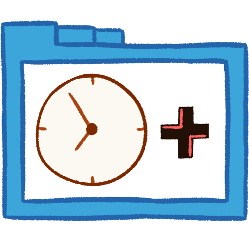 A hollow blue folder with thick lineart. Inside of it is a large white clock on the left, with a black plus sign that has pink highlights to its right.